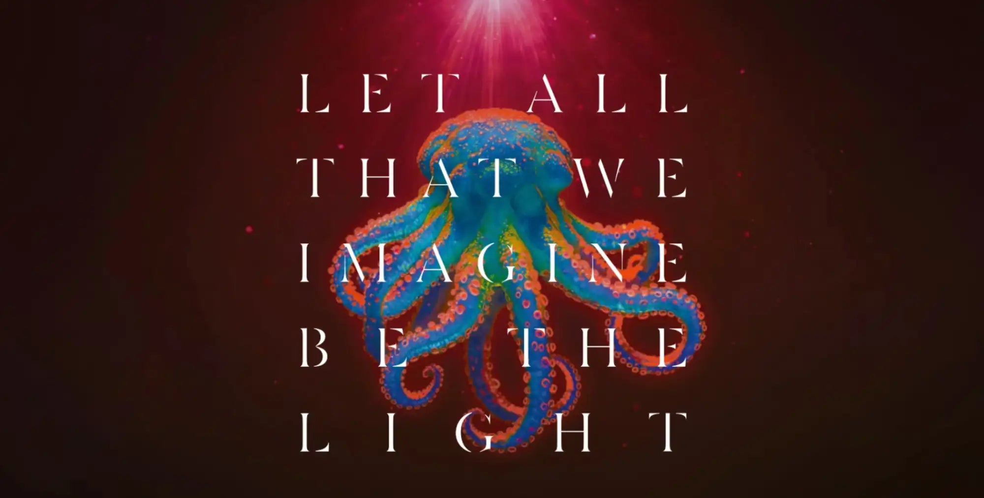 A vibrant, iridescent octopus with blue and orange hues glows against a dark red background.